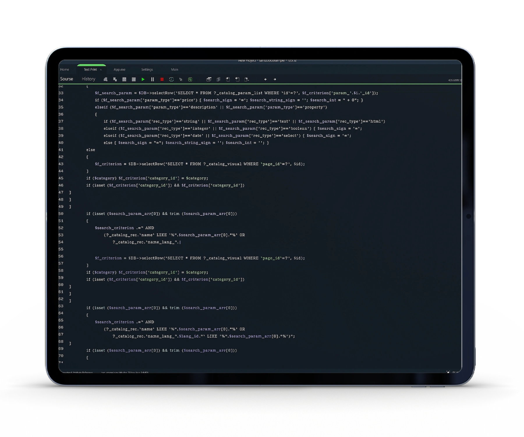 Tablet displaying code for a sports data API solution.