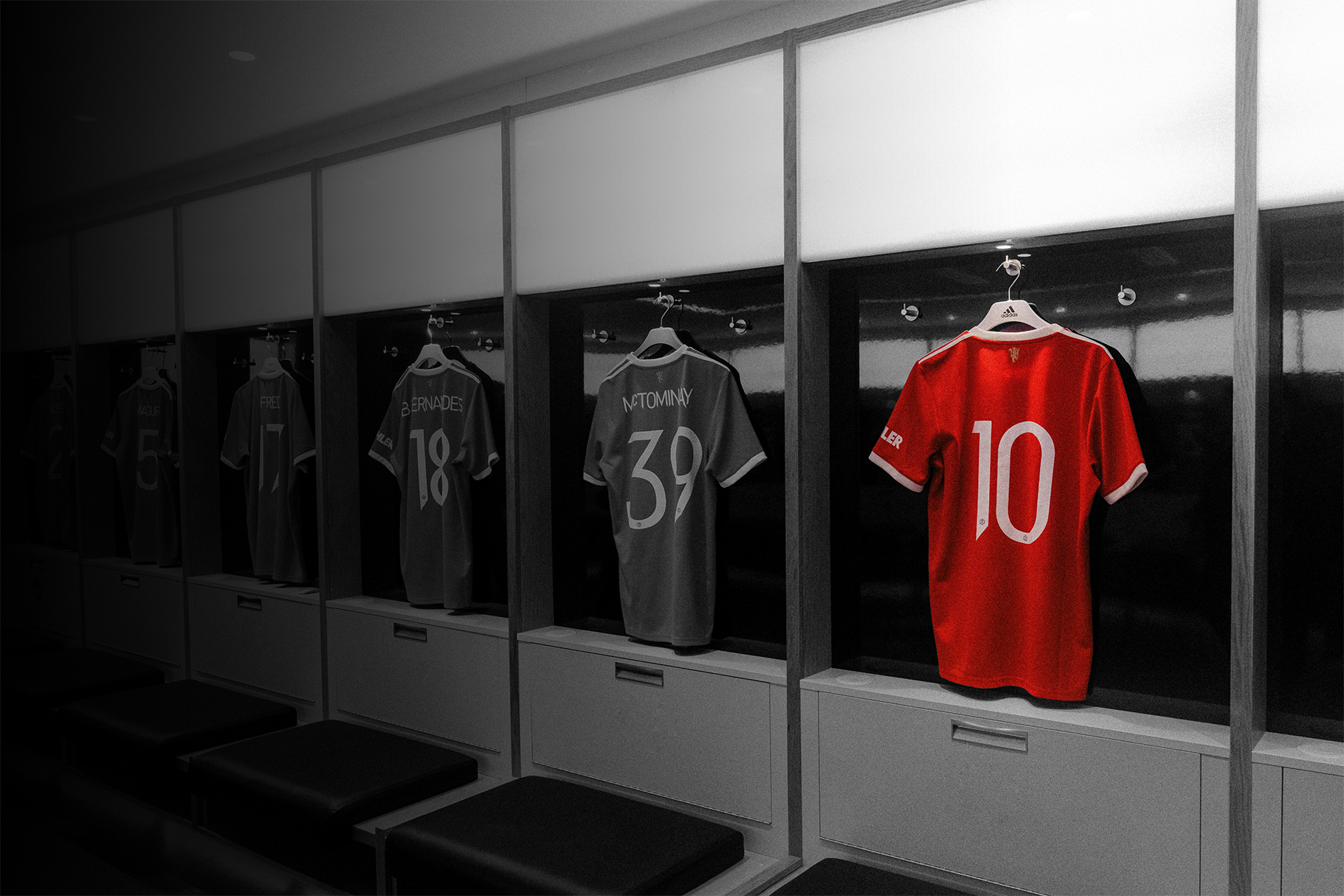 Transfer center. Football shirts in the dressing room