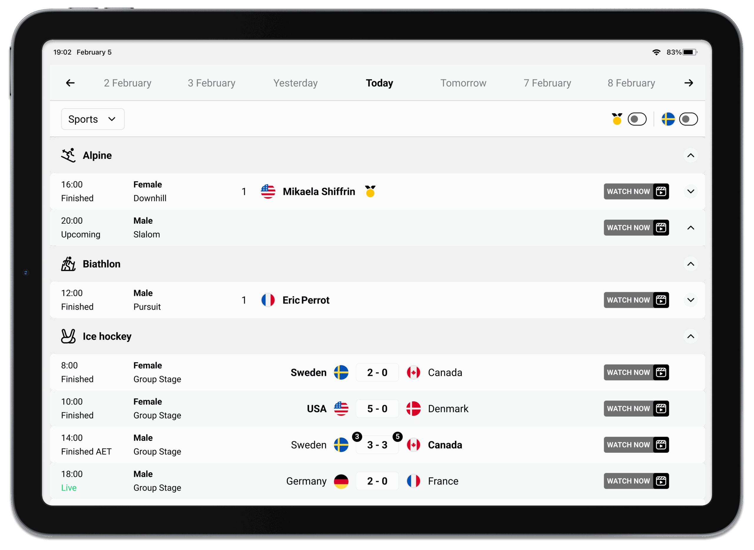 Watch now overview of live sports data in Winter Olynpics